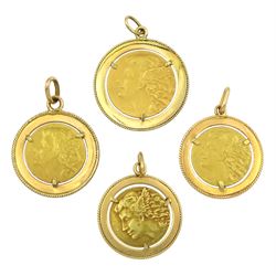Four 18ct gold medallions, depicting profile head with angel wing ears, all stamped 750, loose mounted in gold pendants, tested 18ct