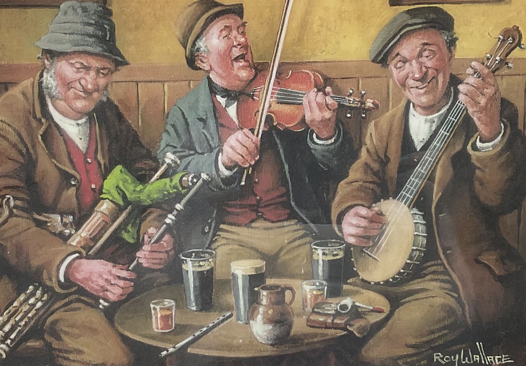 After Roy Wallace (Irish 20th century): 'The Musicians', oleograph titled on the mount in pencil 27cm x 39cm

