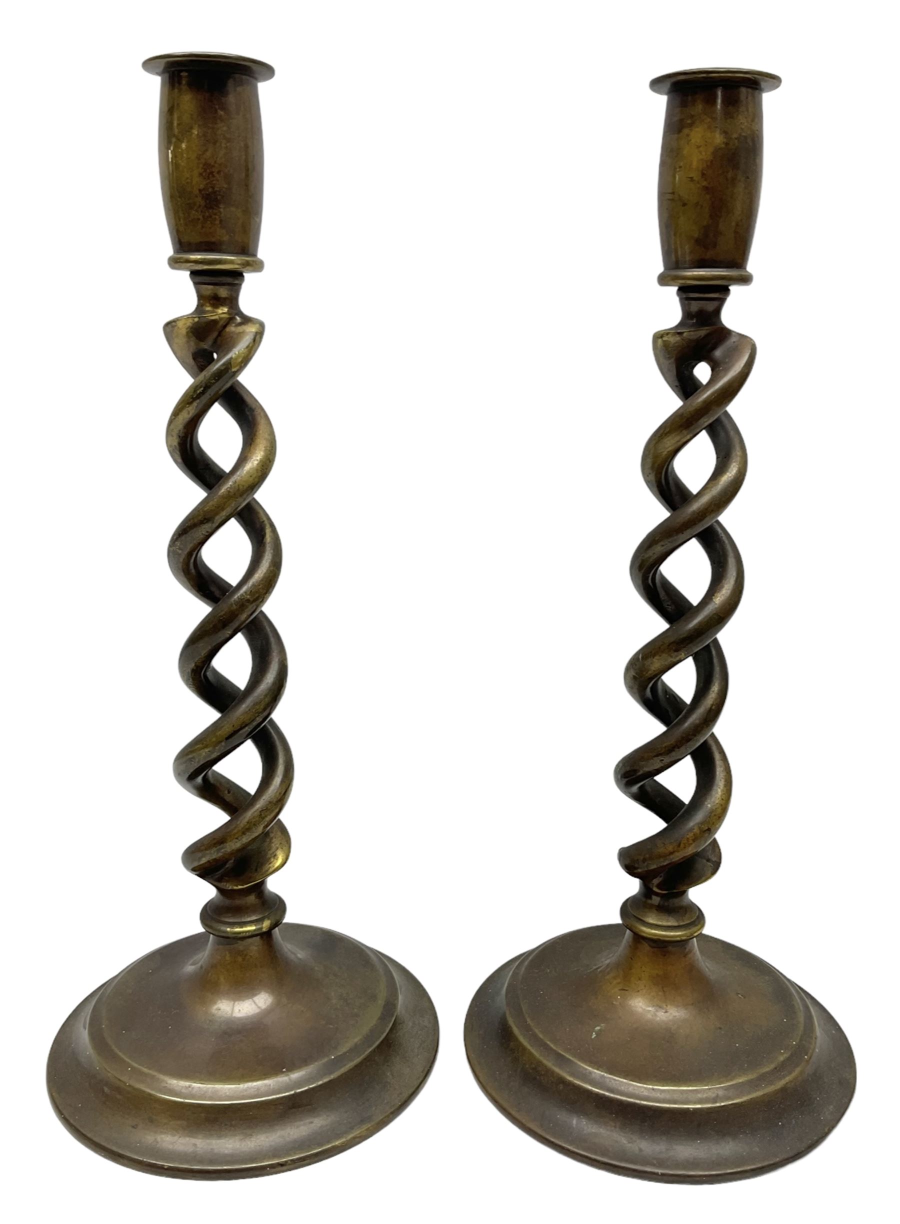 Pair of Victorian brass barley twist candle sticks, H30cm