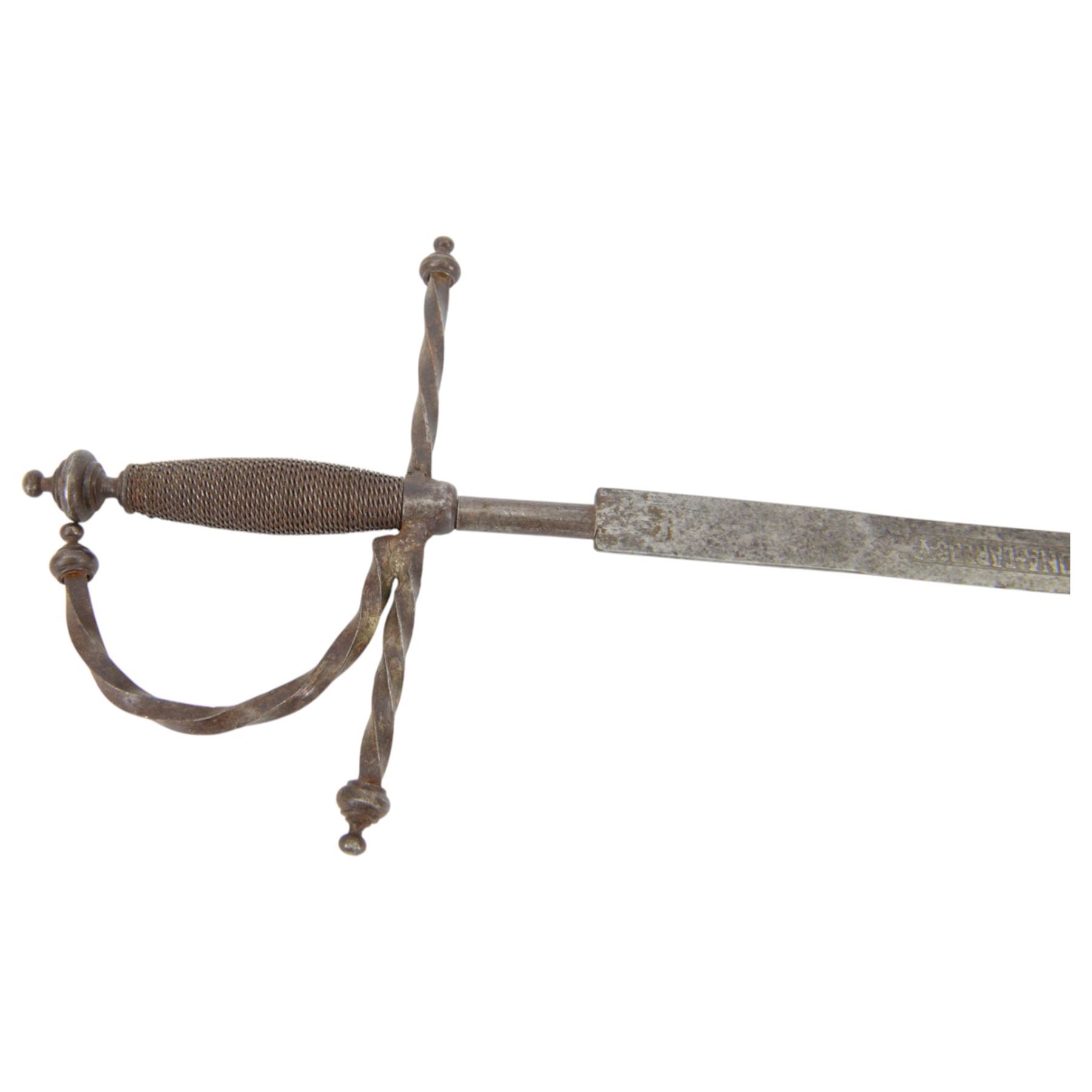 Four court swords, together with fencing foil and dagger in leather and brass scabbard 