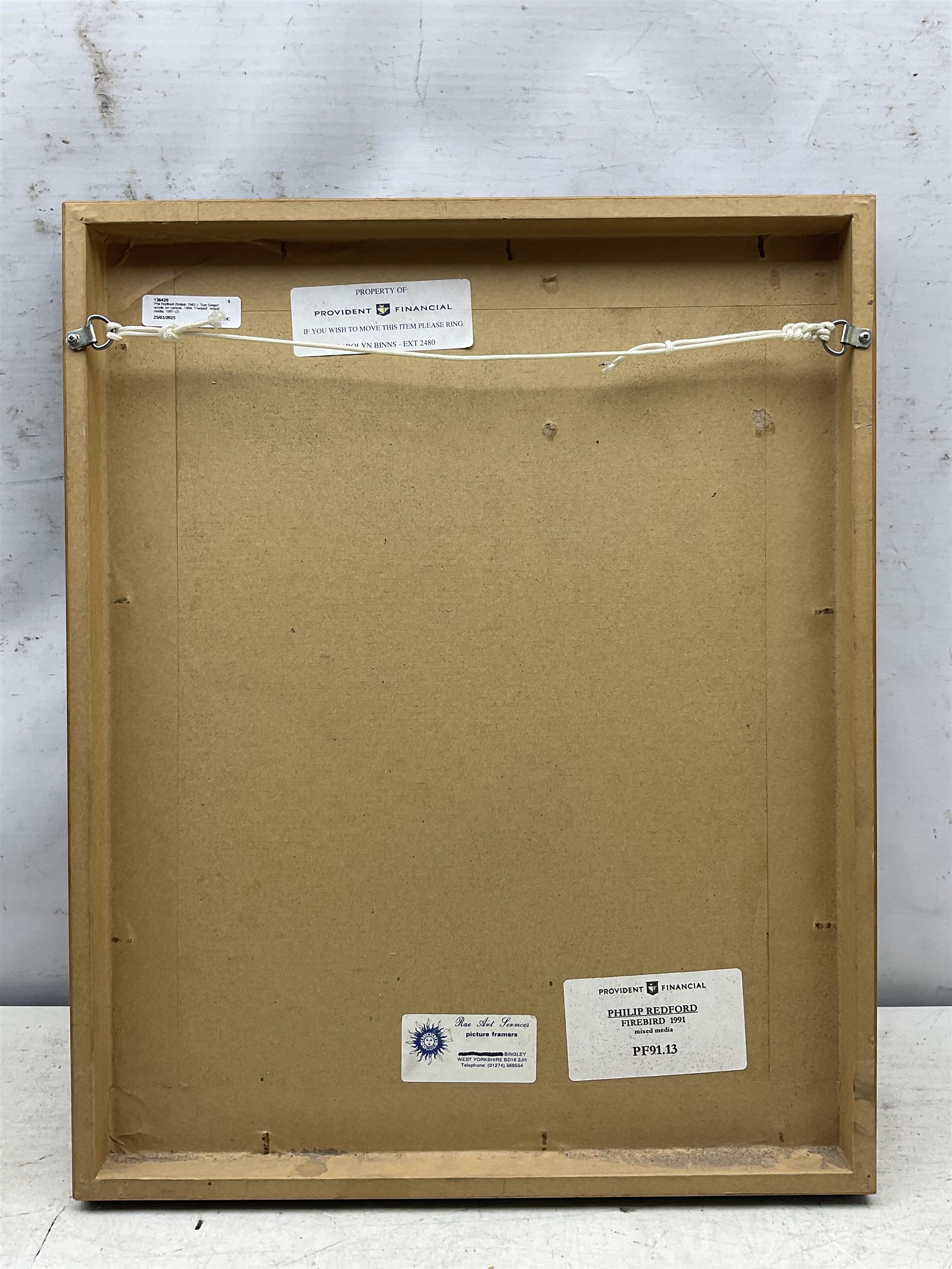 Phil Redford (British 1943-): 'Sun Singer', acrylic on canvas unsigned, titled and dated 1994 verso, 43cm x 71cm; 'Firebird', mixed media unsigned, titled and dated 1991 verso 33cm x 25cm (2)