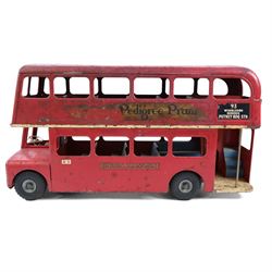 Tri-ang pressed steel pull-along London Transport Routemaster Double-Decker Bus, LIB4242, Route no.93 with destinations Wimbledon, Morden and Putney BDG Station, with red London Transport livery, blue interior, with pull cord and bell, H32cm, L57cm