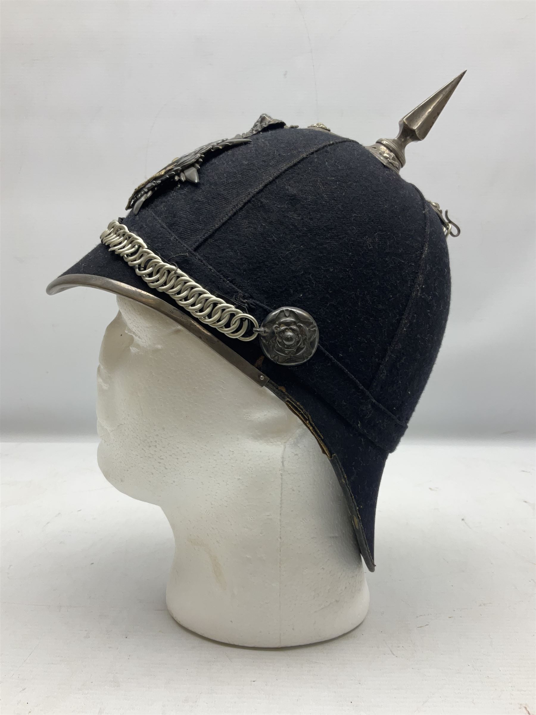 Victorian British Army South Lancashire Regiment 1st Volunteer Battalion other ranks blue cloth home service helmet with helmet plate, spike and chinstrap