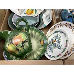 Large quantity of ceramics to include three twin handled rectangular Volcanic Orange Le Creuset dishes, Mason's, Wedgwood, Coalport, Chinese examples etc in three boxes