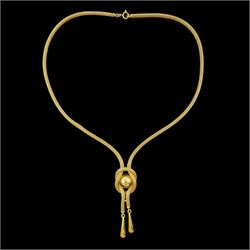 18ct gold mesh link necklace, with a knot and circular design pendant, stamped 750