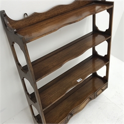 *Reproduction mahogany four tier wall rack with drawers, W69cm, H92cm, D17c,