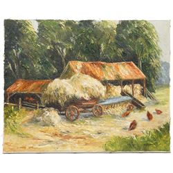 S G Spence (British early 20th century): Impressionist Farm Outbuilding Scene, oil on canvas signed 40.5cm x 50.5cm (unframed)