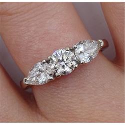 18ct white gold three stone diamond ring, central round brilliant cut diamond with two pear shaped diamonds either side, hallmarked, total diamond weight 1.48 carat
