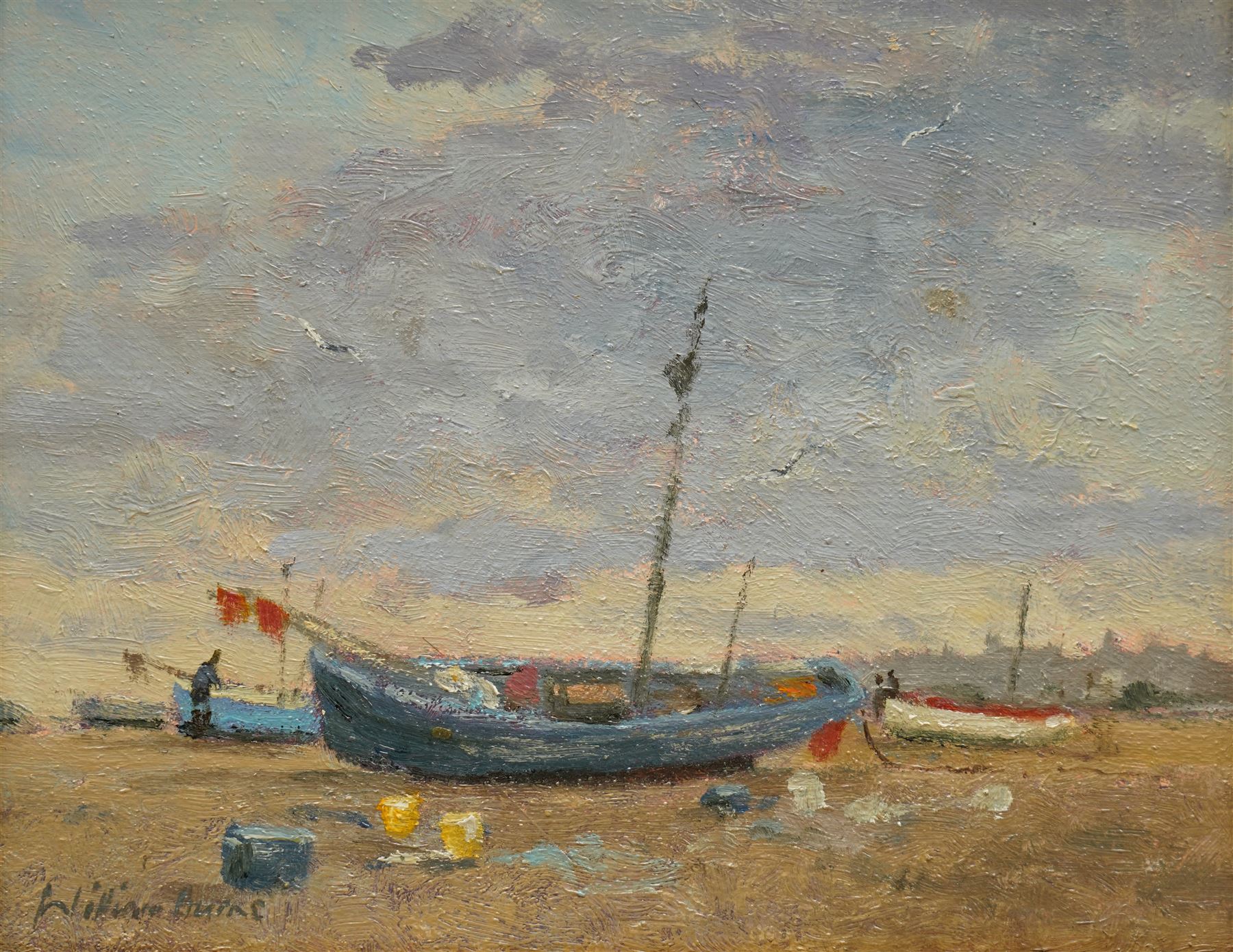 William Burns (Northern British 1923-2010): 'Aldeburgh Beach - Suffolk', oil on board signed, titled verso 19cm x 24cm