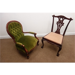  Victorian style walnut framed balloon back armchair, upholstered back and seat, cabriole legs (W68cm) and a Chippendale style mahogany dining chair (2)  