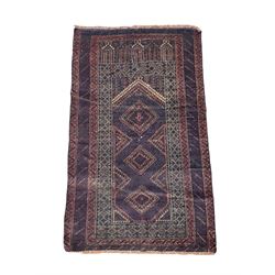 Persian Baluchi prayer rug, decorated with cityscape to one end over three lozenge medallion, geometric design repeating borders