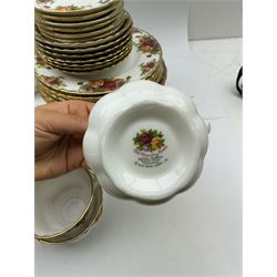 Royal Albert Old Country Roses pattern tea wares, comprising coffee pot, jug and sugar bowl, cake stands, napkin rings, teacups and saucers, side plates, dessert plates, small plates, all with printed marks beneath
