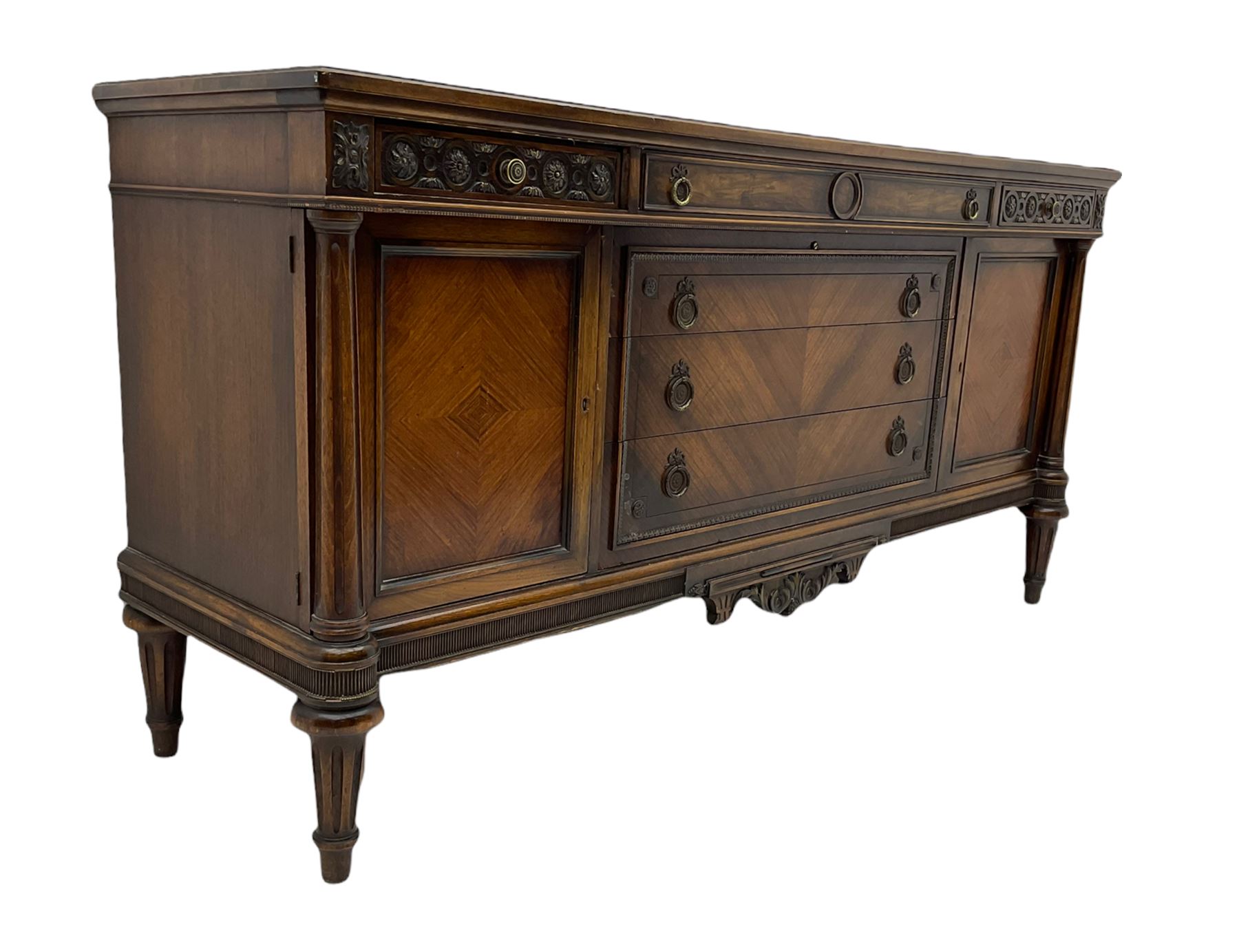 Early 20th century French walnut sideboard, fitted with six drawers and two cupboards