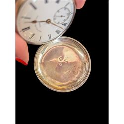 Late Victorian silver full hunter pocket watch by Tho Russell & Son no. 82844, with white enamel dial and subsidiary seconds dial, the front cover with blank cartouche, hallmarked Chester 1891