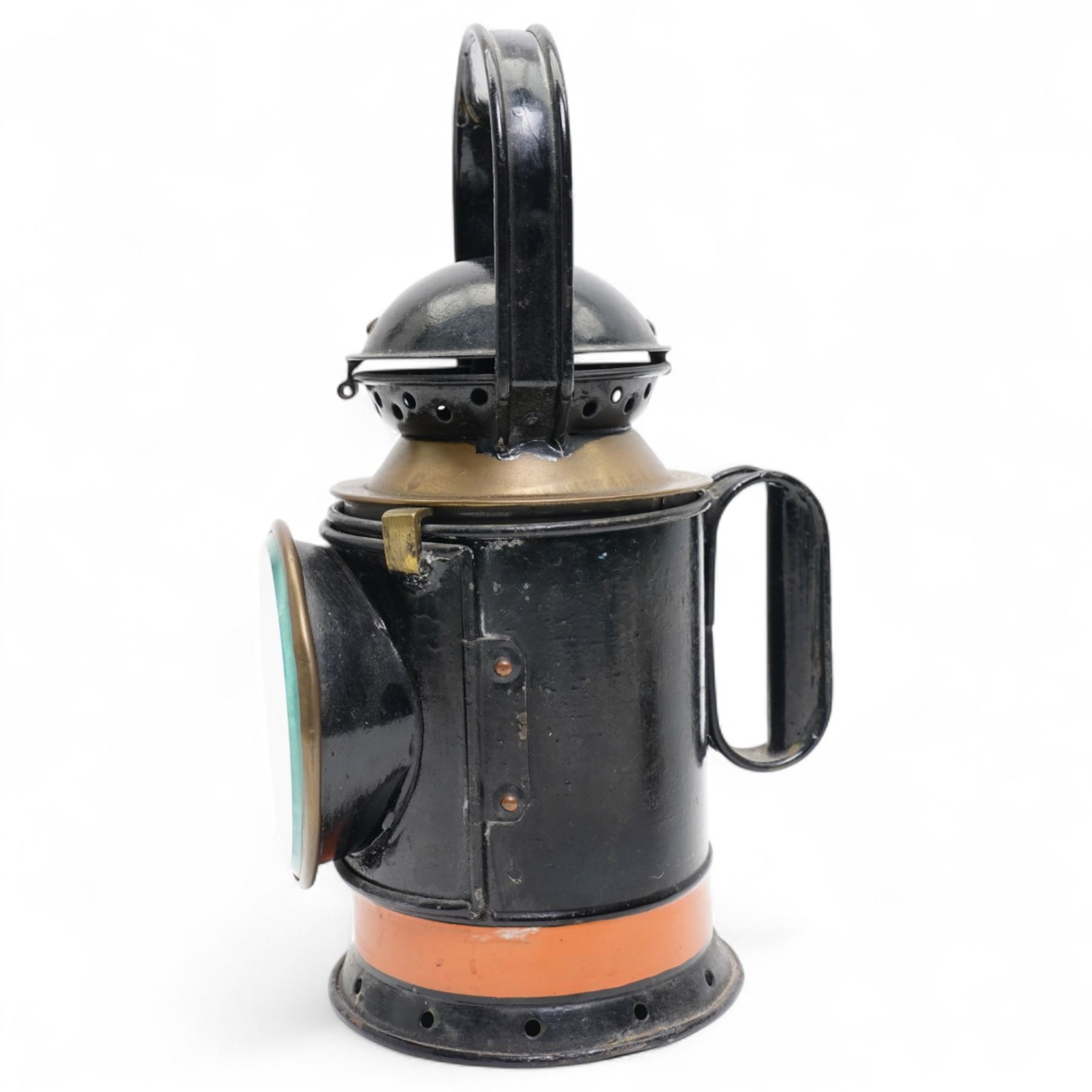 Railwayana - Early 20th century Sherwood Limited fog man's hand lamp with blue red and amber glasses, H31cm; together with an Eccles 'The Protector Lamp & Lighting Co' miners lamp, impressed D113 (2)