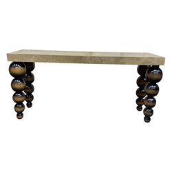 Bramley - contemporary Italian design Tivoli console table, marble top inset with gold crystals, supported by four stacked wooden supports in an antic brown lacquered finish