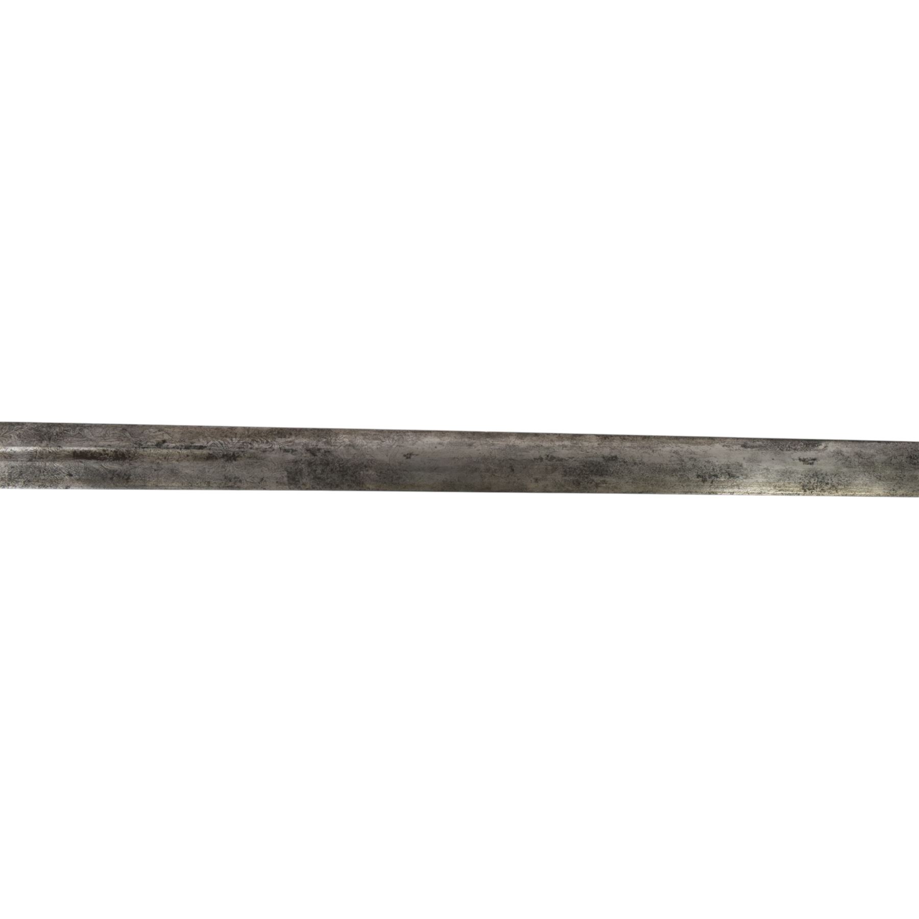 British Georgian Officers Sword, with 83cm double edged fullered blade engraved with with motifs and Osborn along with Warranted, with brass heart shaped guard and faux wire bound grip, with scabbard with twin suspension rings, overall length 100cm