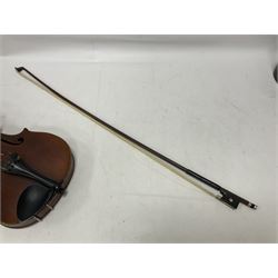 Full size violin and bow in a wooden constructed fitted case, back length 35cm, full length 60cm