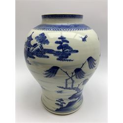 19th century Chinese export blue and white porcelain jar, of baluster form decorated with a continuous river landscape scene with Pagodas, H31.5cm 