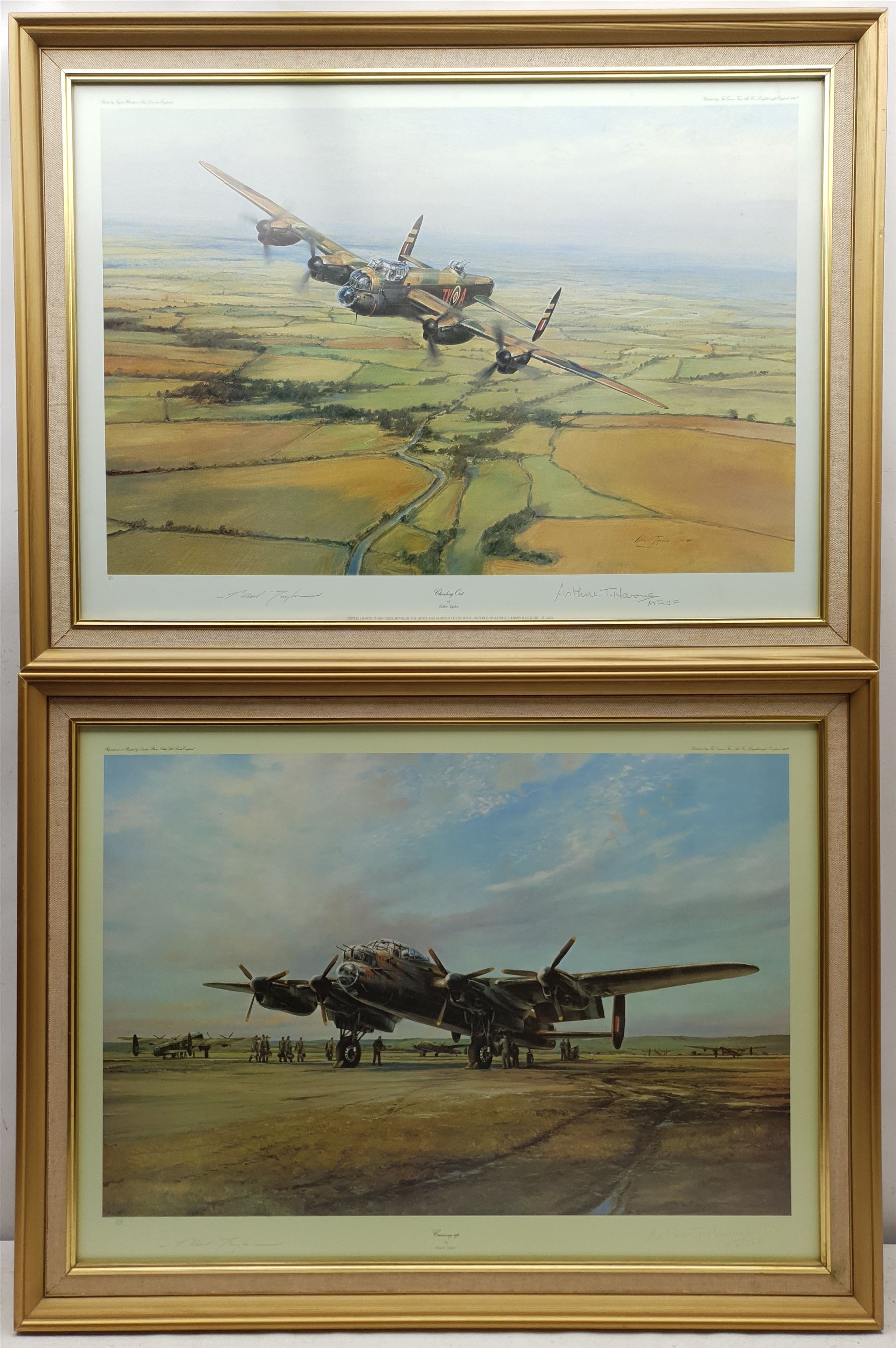 Robert Taylor (British 1946-): 'Crewing Up' and 'Climbing Out', near pair limited edition colour prints signed in pencil by the artist and Sir Arthur T Harris 47cm x 65cm (2)