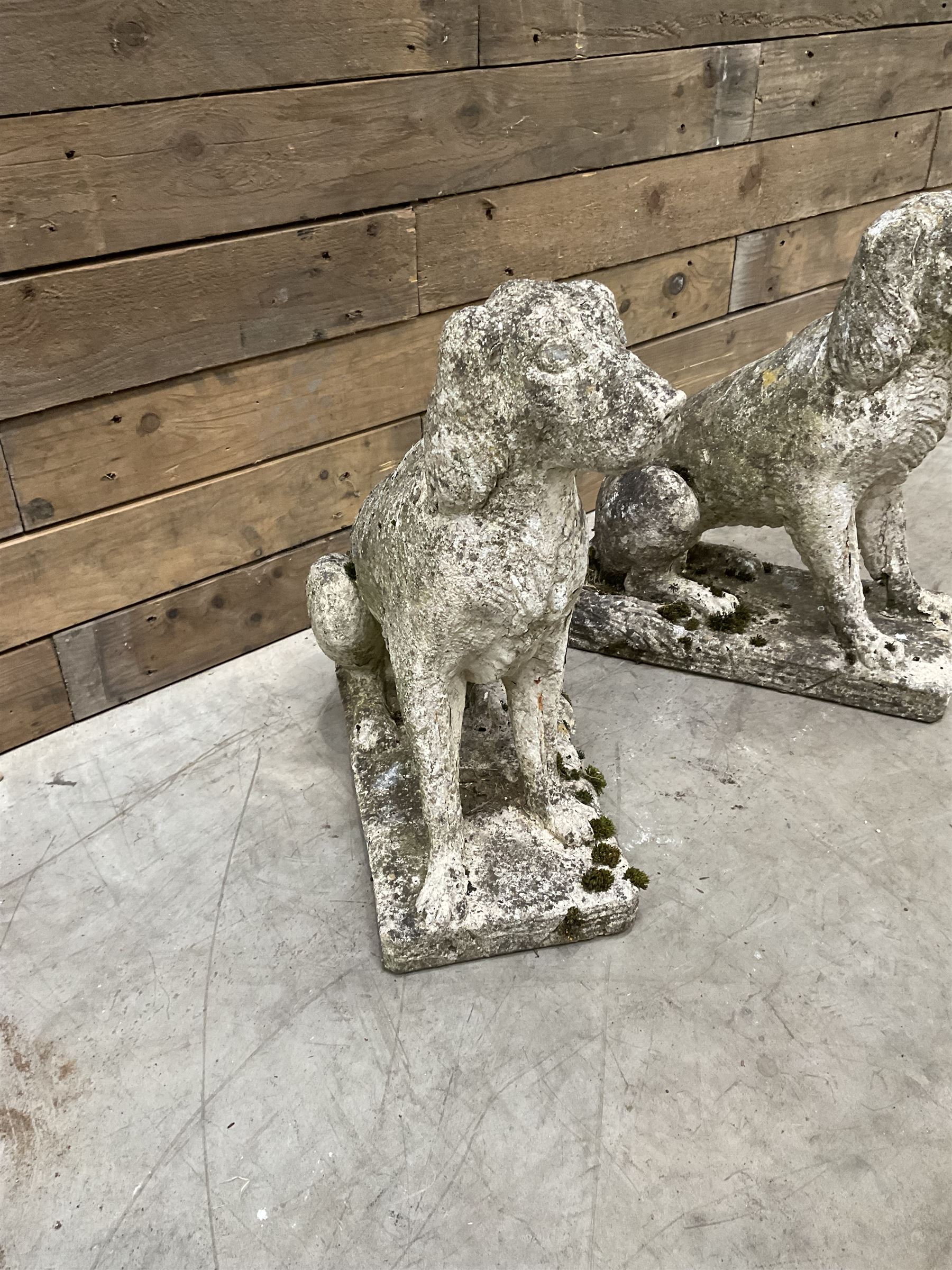 Pair of cast stone garden dogs and 2 female figures,