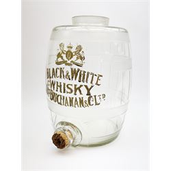 A late Victorian glass Whisky barrel, detailed in gilt with Royal crest above inscription 'Black & White Whisky Jas Buchanan & Co Ltd', H31cm