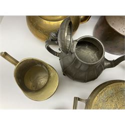 Collection of brassware, to include, kettles, jugs, owl figures etc