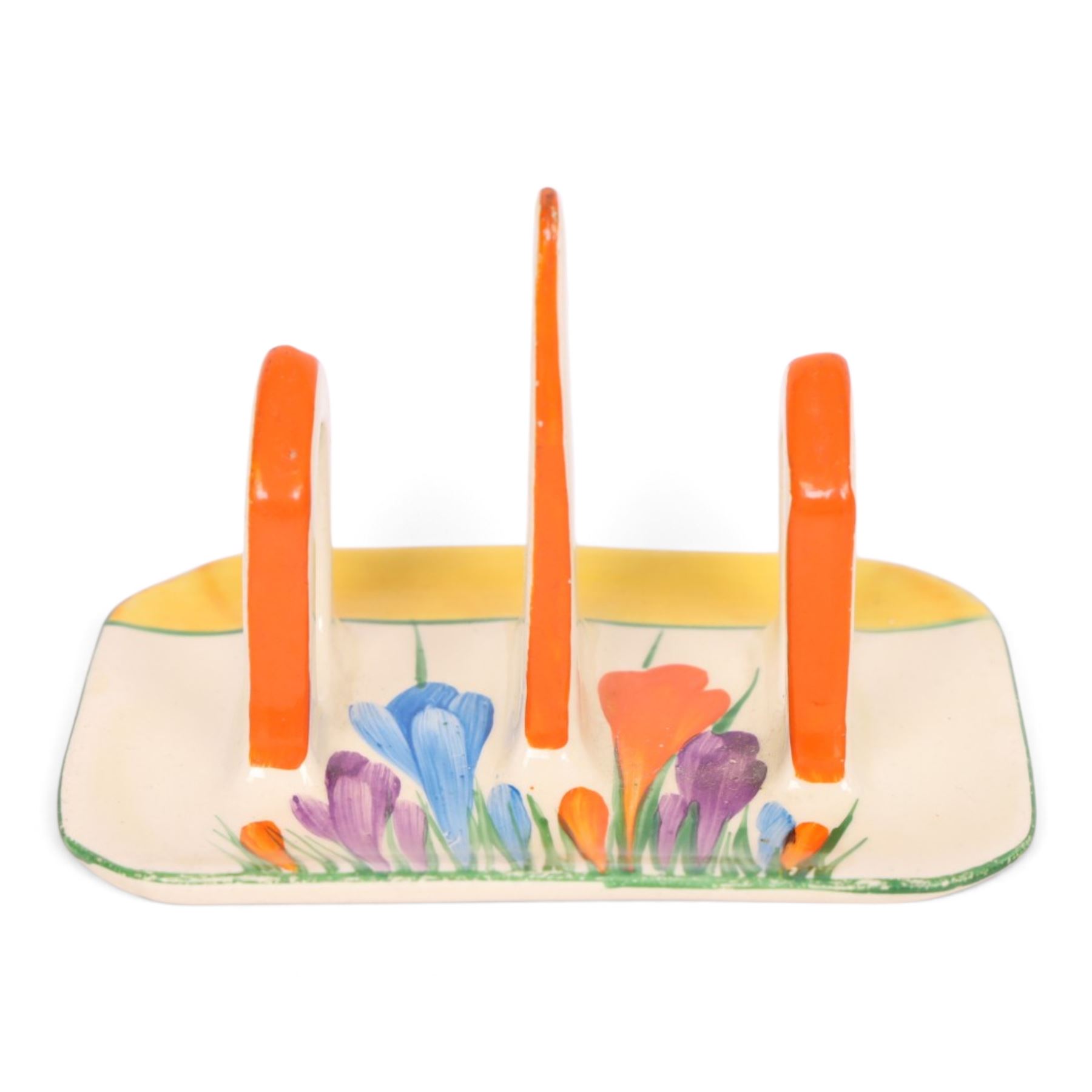 Clarice Cliff Autumn Crocus pattern toast rack, with Bizarre and printed marks to base, H9cm, L12cm