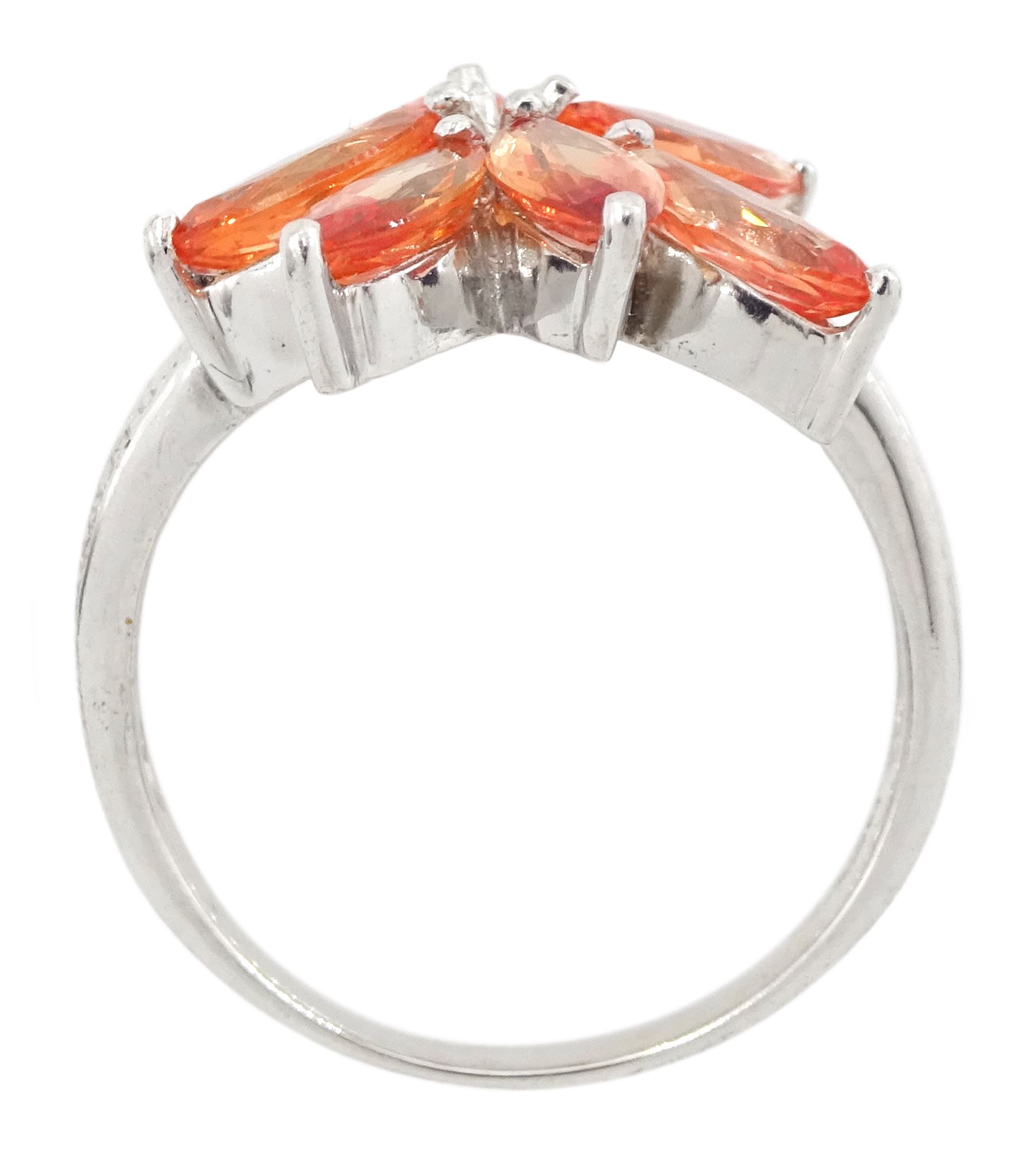 18ct white gold marquise cut Padparadscha sapphire flower head cluster ring, hallmarked, total sapphire weight approx 3.00 carat