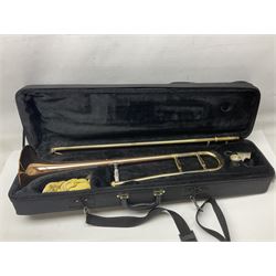 Sebastian Bucklet Aquae Sulis copper and brass trombone No.0910004; in lightweight carrying case; and Kinsman folding tubular chrome music stand in case (2)