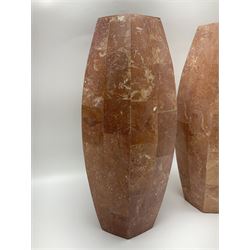 Pair of pink fossilised coral mosaic vases, of hexagonal form, H46cm