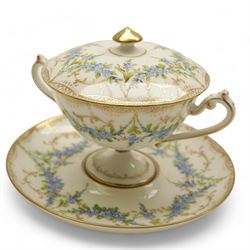 Four early 19th century Dresden cups and saucers, comprising twin handled chocolate cup and cover, decorated with floral swags, cup and saucer decorated with children dancing and two others 