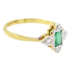 Edwardian gold and platinum emerald and diamond ring, single milgrain set rectangular cut emerald, surrounded by four single cut diamonds, stamped 18ct & PT
