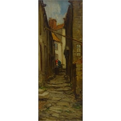  Owen Bowen (Staithes Group 1873-1967): Silver Street leading on to Cliffe Street Robin Hoods Bay, oil on canvas signed 55cm x 20cm  DDS - Artist's resale rights may apply to this lot     