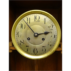  20th century oak cased wall clock with silvered Arabic dial and bevel glazed panel door, twin train movement striking the half hours on a coil, H77cm  