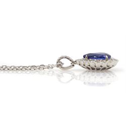 18ct white gold pear shaped sapphire and milgrain set round brilliant cut diamond pendant necklace, sapphire approx 1.80 carat, total diamond weight approx 0.50 carat