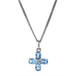 9ct white gold diamond blue topaz cross pendant necklace, hallmarked
