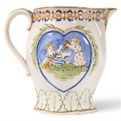 18th century South Yorkshire prattware jug, moulded in relief a band of stylised leaves,  with  'Mischievous Sport' and 'Sportive Innocence' pattern to the centre, H19cm