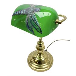 Brass bankers style table lamp with green glass shade and leaded dragonfly decoration, H36cm