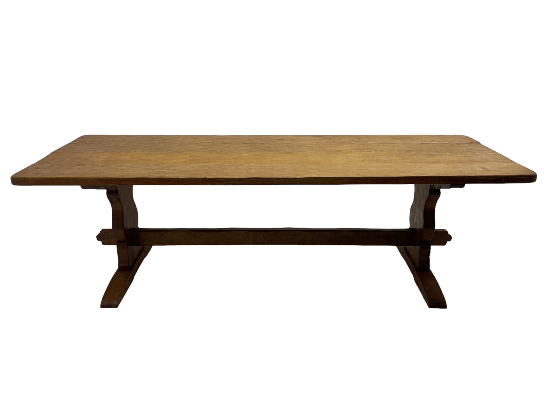 Gnomeman - large oak refectory dining table, rectangular adzed top on shaped end supports with sledge feet, united by pegged stretcher, carved with gnome signature, by Thomas Whittaker, Little Beck