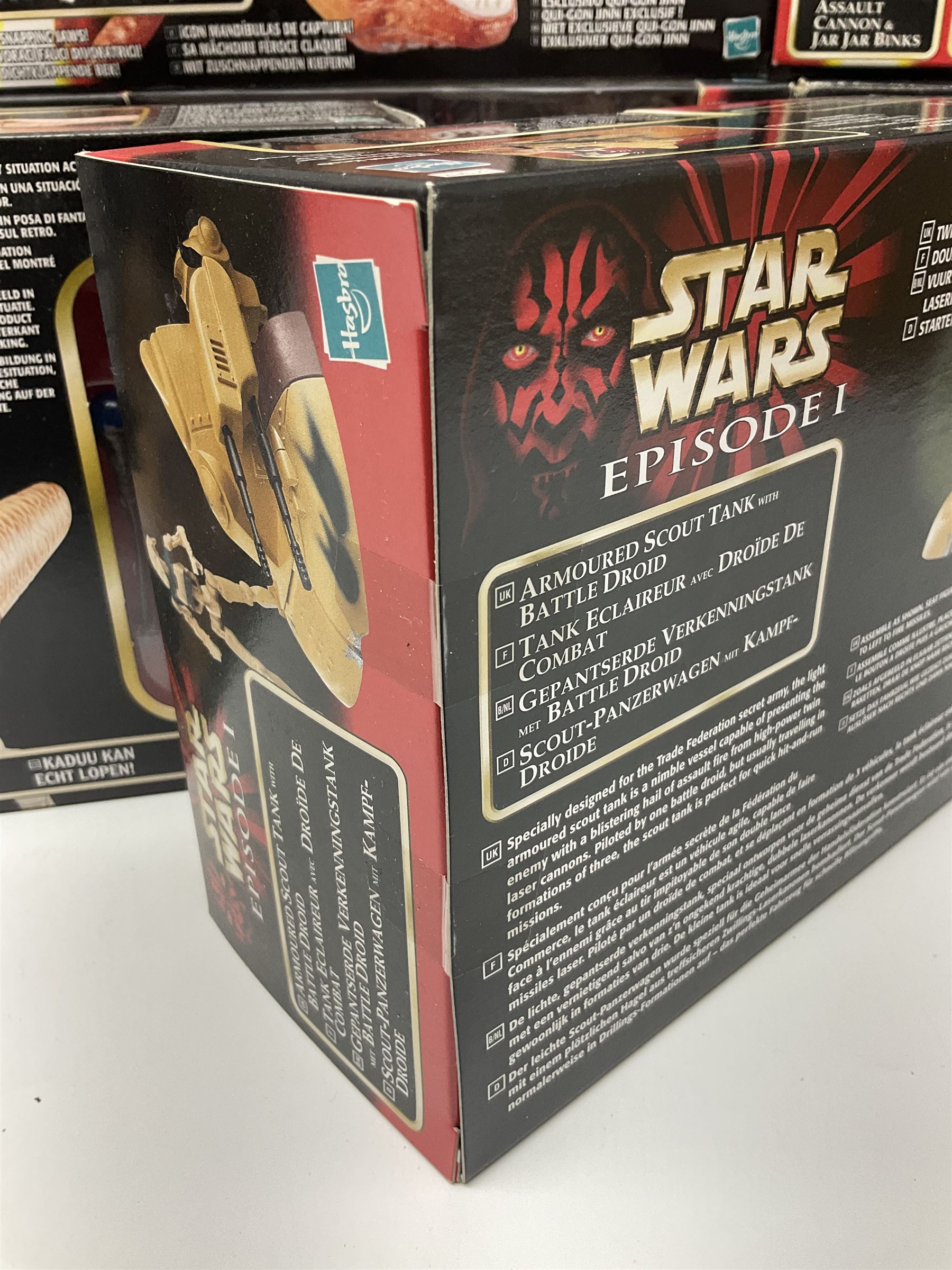 Star Wars - Episode 1 - Kaadu & Jar Jar Binks, Jabba The Hutt, two x Mos Espa Encounter, Opee & Qui-Gon Jinn, Watto's Box, Ammo Wagon & Falumpaset, Gungan Assault Cannon, Sith Speeder & Darth Maul, Armoured Scout Tank with Battle Droid and Gungan Catapult Accessory Set; all boxed (11)