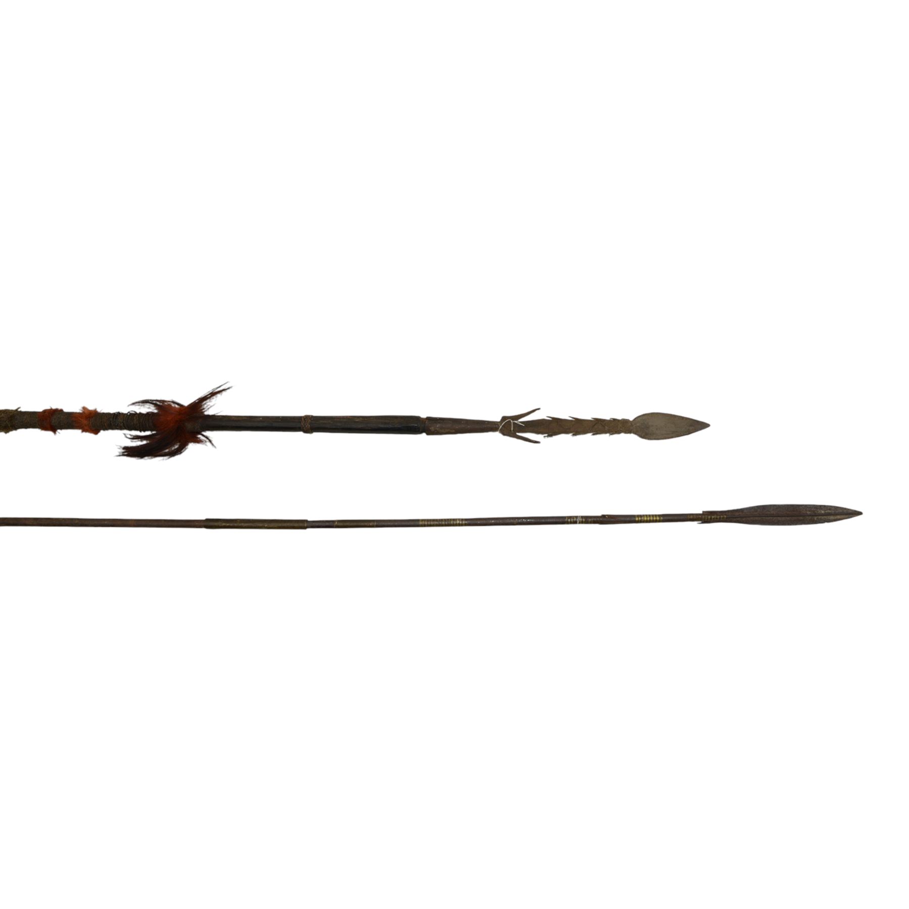 Tuareg tribe steel spear with inlaid brass work and a Northern Indian Naga barbed spear, longest L187cm 
