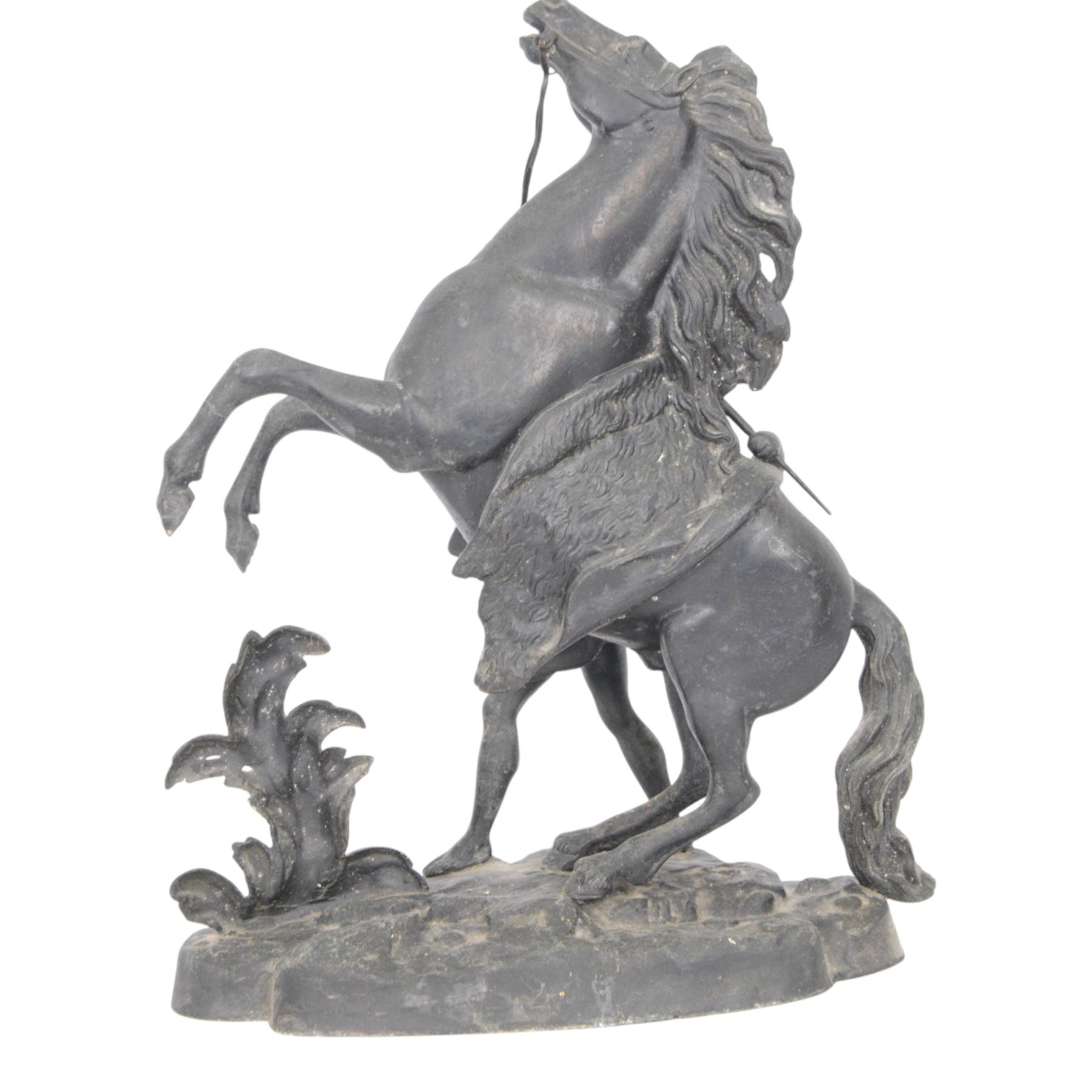 Three spelter Marley Horse figures, after Guillaume Coustou, each modelled as a rearing horse restrained by  groom, tallest H41cm