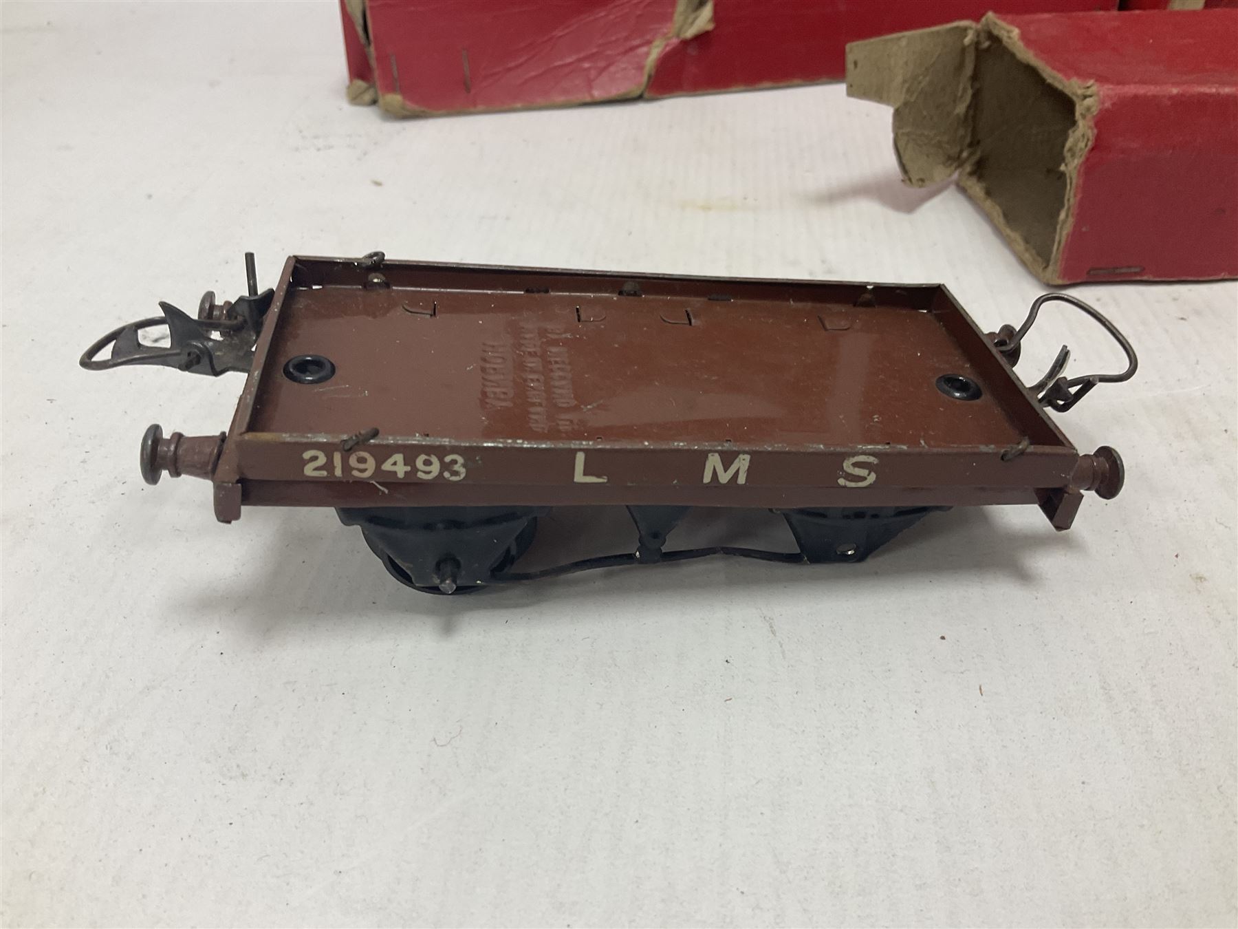 Hornby ‘0’ gauge - LNER 0-4-0 no.460 type 101 locomotive in green with key; further boxed ‘0’ gauge to include no.1 Crane Truck, no.2 single arm signals, open and closed goods wagons and cars; large quantity of track to include railway crossing, straight and curved track etc, in two boxes 