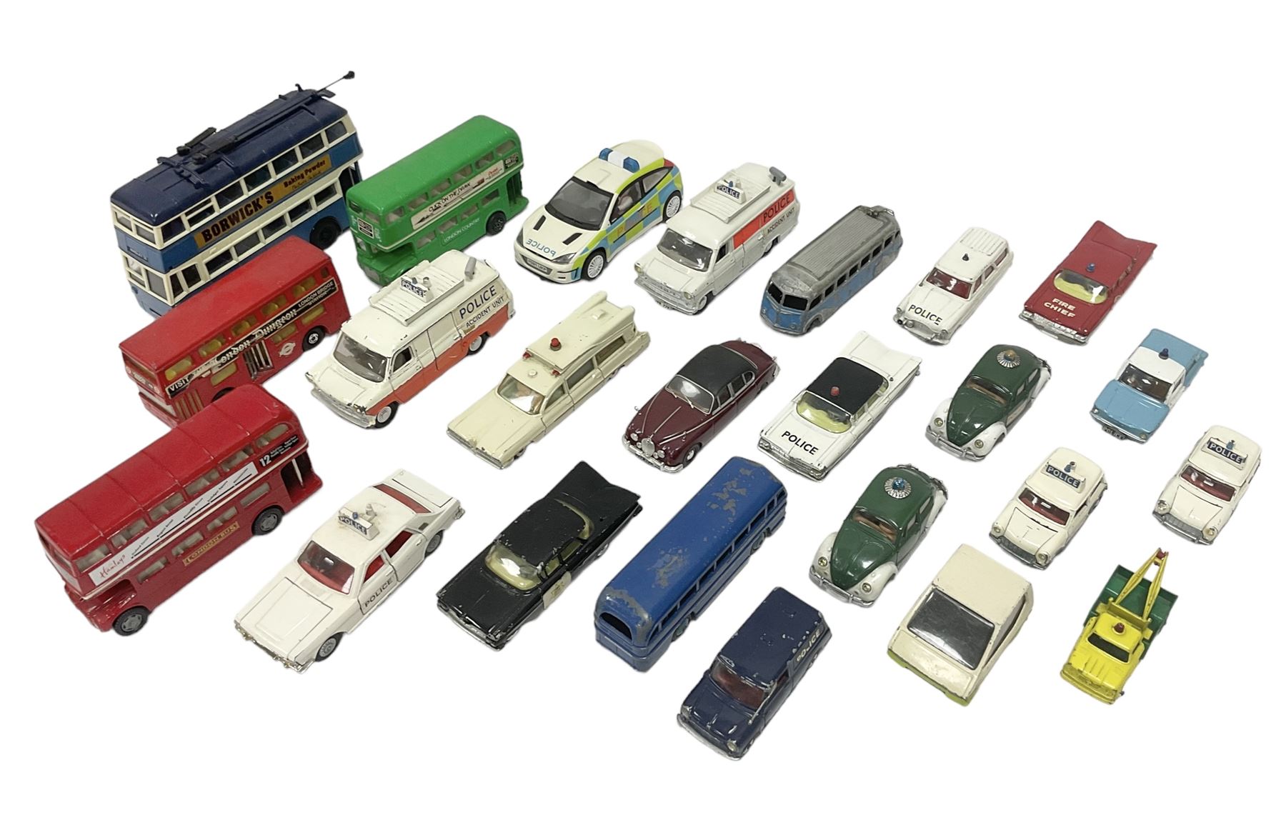 Corgi/Dinky - twenty-four unboxed and playworn die-cast models, predominantly emergency vehicles and buses; including Autocar Isobloc, Superior Criterion Ambulance, Ford Transit Police Vans, Chevrolet Impalas, Minissima, Ausin Mini Police van etc (24)