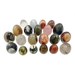 Collection of twenty-one hardstone specimen eggs, including labradorite, calcite, orbicular jasper, tiger's eye, smokey quartz, fossilised wood etc, originally part of the collection of the late Stanley J Seeger