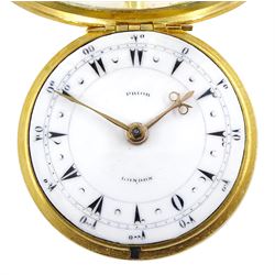 19th century silver-gilt pair cased verge fusee pocket watch for the Turkish market by Edward Prior (London 1800-1868), No. 43339, tulip pillars, pierced and engraved balance cock decorated with a classical urn, white enamel dial with Turkish numerals, beetle and poker hands and bull's eye glass