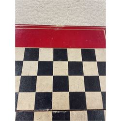 19th century walnut and brass bound games compendium box, painted to enhance the grain, of rectangular form, the hinged opening cover with rounded sides, central brass cartouche with engraved lion crest, and brass riveted straps, opening to reveal a red leather and blue silk lined compartmented interior, with fold-down games board, and lift-out tray containing playing cards, ebony turned dice towers, white and red stained bone draughts, and chess pieces, ivory dice, and ivory and ebony whist markers, and brass bezique board, cribbage board and markers, H15cm W32cm D24cm
This lot has been registered for sale under Section 10 of the APHA Ivory Act