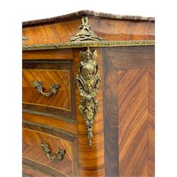 Mid-20th century Louis XVI design Kingwood and walnut secretaire à Abattant, shaped serpentine form with dark rouge variegated marble top, the fall front disguised as three drawers enclosing birdseye maple interior with shelf, drawers and writing surface, four functioning drawers below, decorated with cast gilt metal mouldings and mask cartouches, on skirted base with egg and dart moulded gilt metal edge