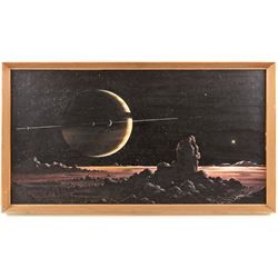 David A Hardy (British 1936-): Moons of Saturn, oil on board signed, 37cmx70cm
Notes: This item is from the private collection of Arthur C. Clarke's brother.